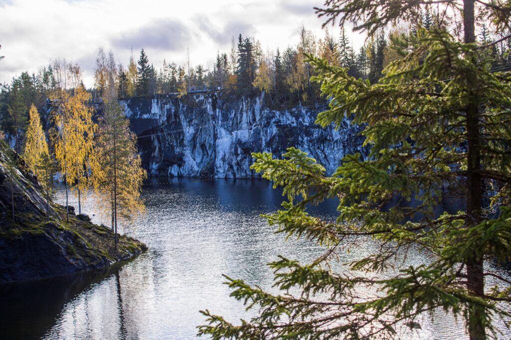 lake, trees, nature, landscape, autumn, forest, sky, sea, ocean, career, ruskeala, stones